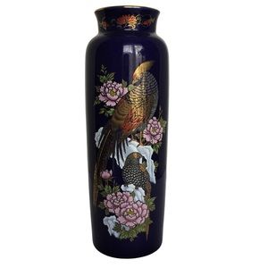 Vintage Kutani Cobalt Blue Pheasants Vase